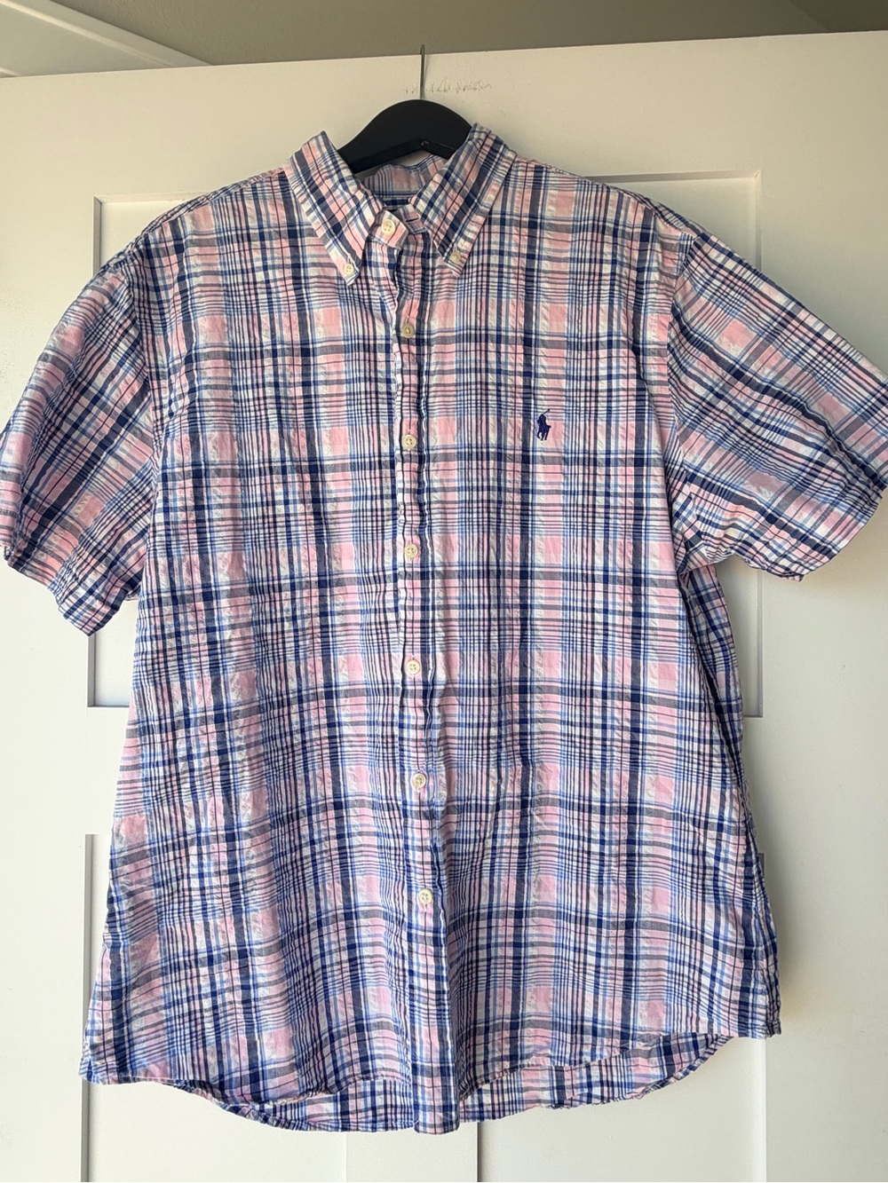 Polo by Ralph Lauren Pink & Blue Plaid Seersucker Short-Sleeve Button-Down Shirt